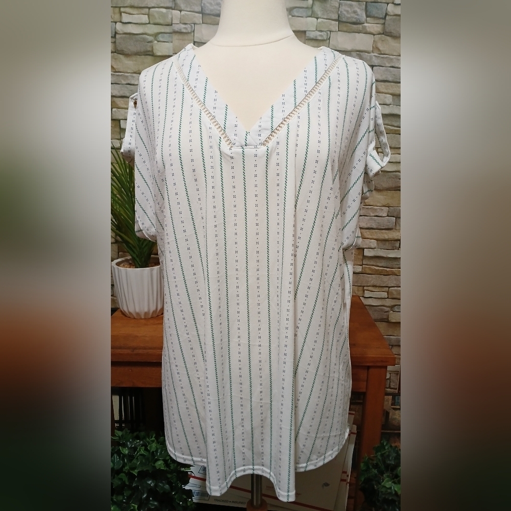 Flower & Feather 2X‎ Striped V-Neck Women's Top Blouse Whimsigoth